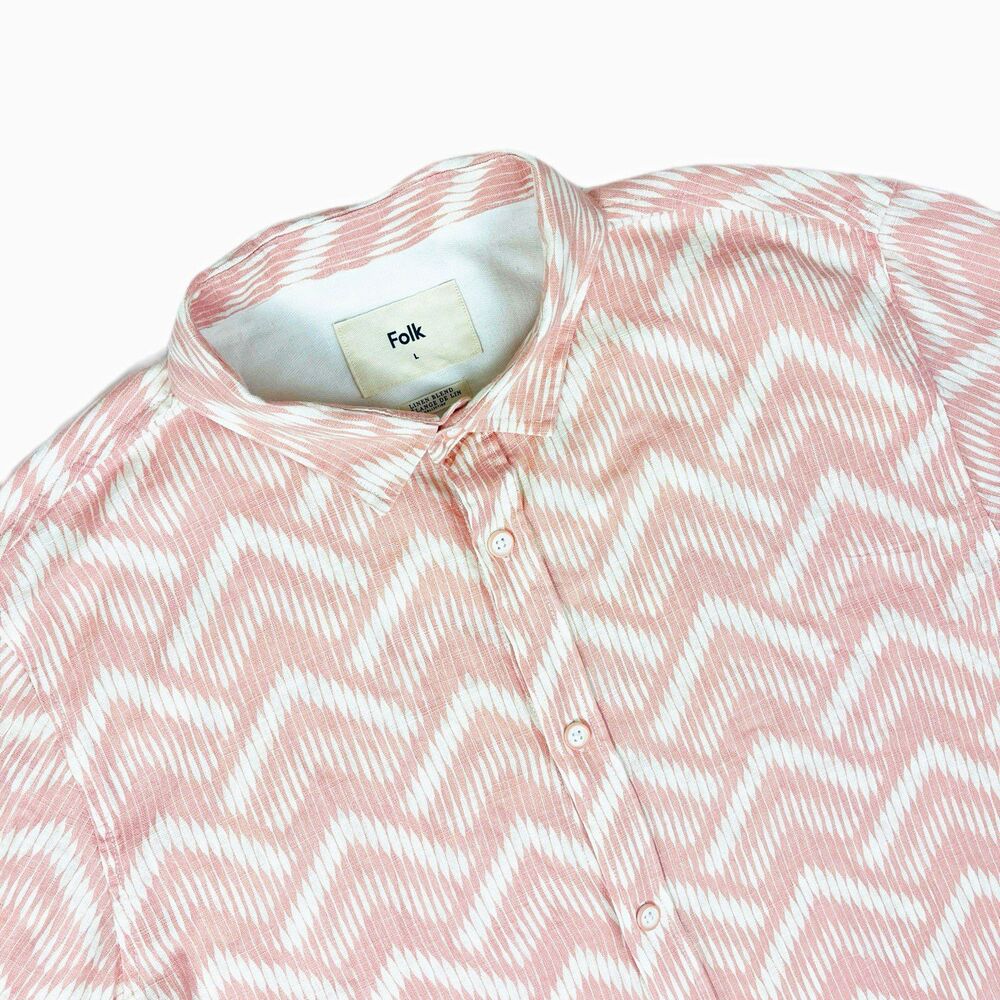 Folk Men's L Pink/White Geometric Linen/Viscose Woven Button-Up